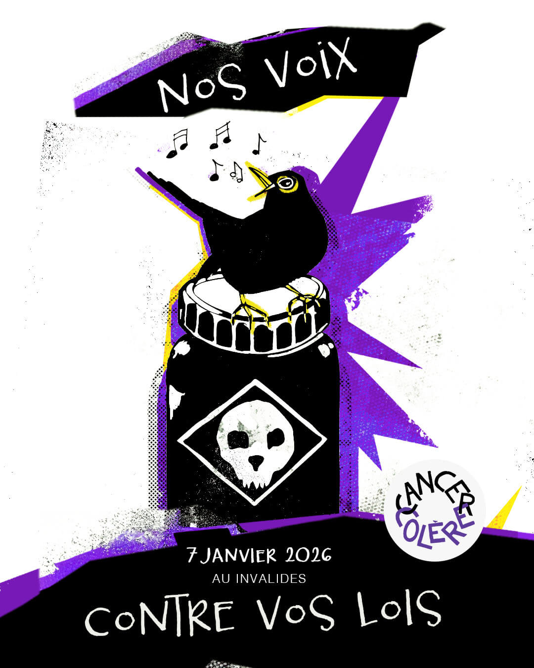 Affiche : Nos voix contre vos lois — mobilisation du 7 janvier 2026