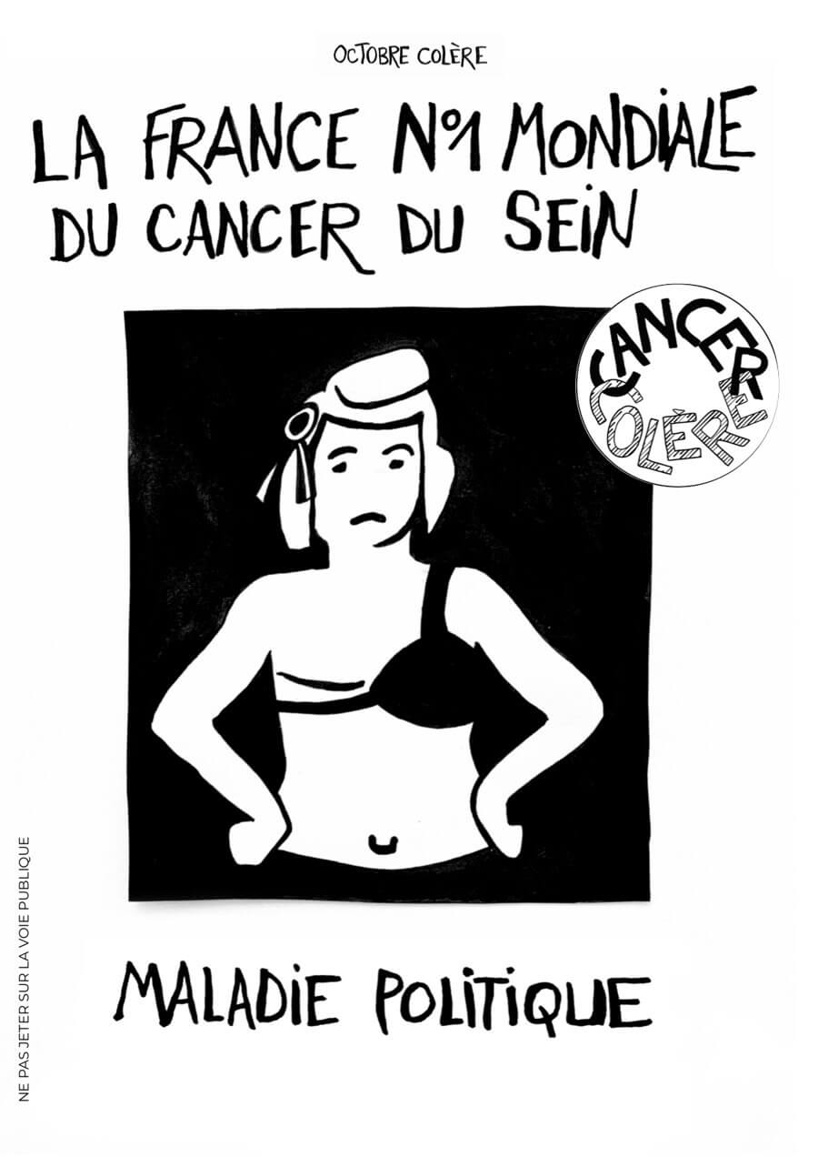 Couverture du tract Octobre Colère : « La France n°1 mondiale du cancer du sein — Maladie politique », dessin d'une femme en soutien-gorge, mains sur les hanches